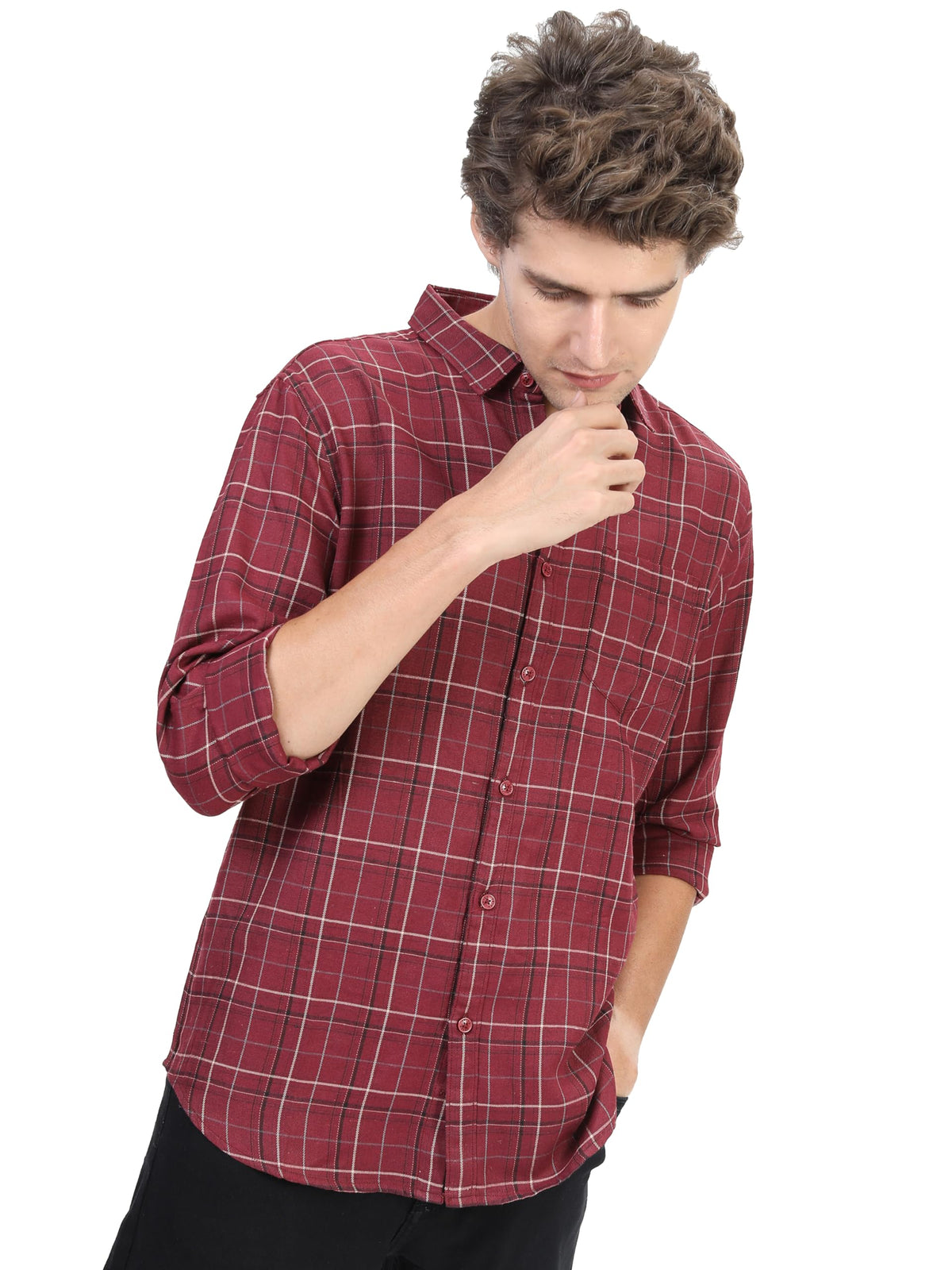 Ketch MenS Cotton Letter Print Straight Fit Regular Fit Shirt (Khsh000874_Maroon/Beige Large)