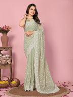 Vairagee Women Soft Georgette Emroidery Saree With Sequence Work Unstitched Blouse (6246)