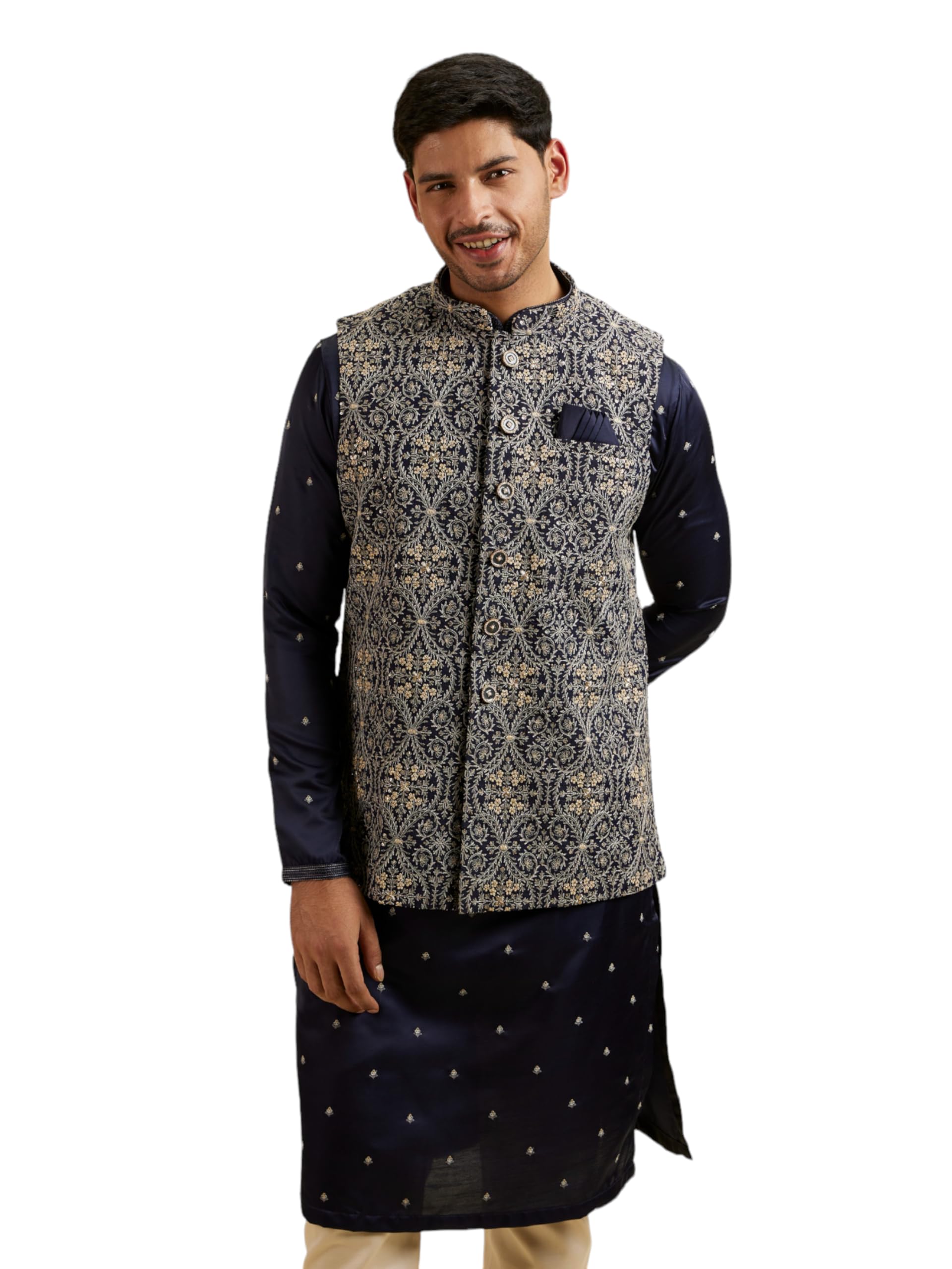 Manyavar MenS Cotton Blend Embroidered Sequins Jacket Set (Blue,Xxl)
