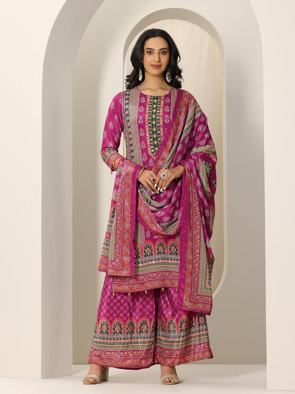 Libas Womens Printed Chinon Straight Kurta With Palazzos And Dupatta