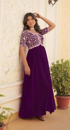 Wedani Georgette Embroidered Long Gown for Women Purple