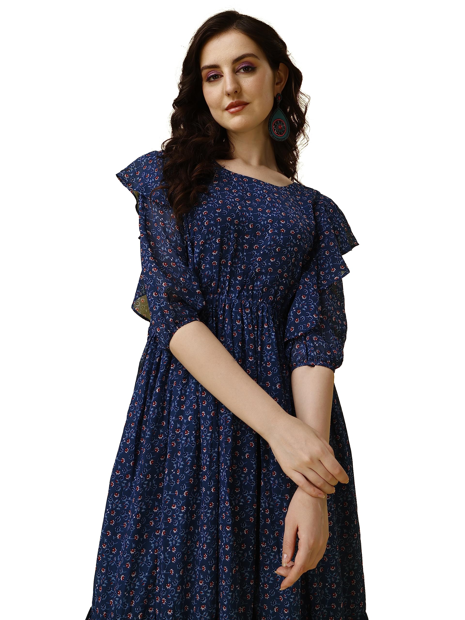Fashion2Wear WomenS Georgette Midi Dress With Round Neck Floral Printed A Line Style Knee Length 3/4Th Puff Sleeves And Regular