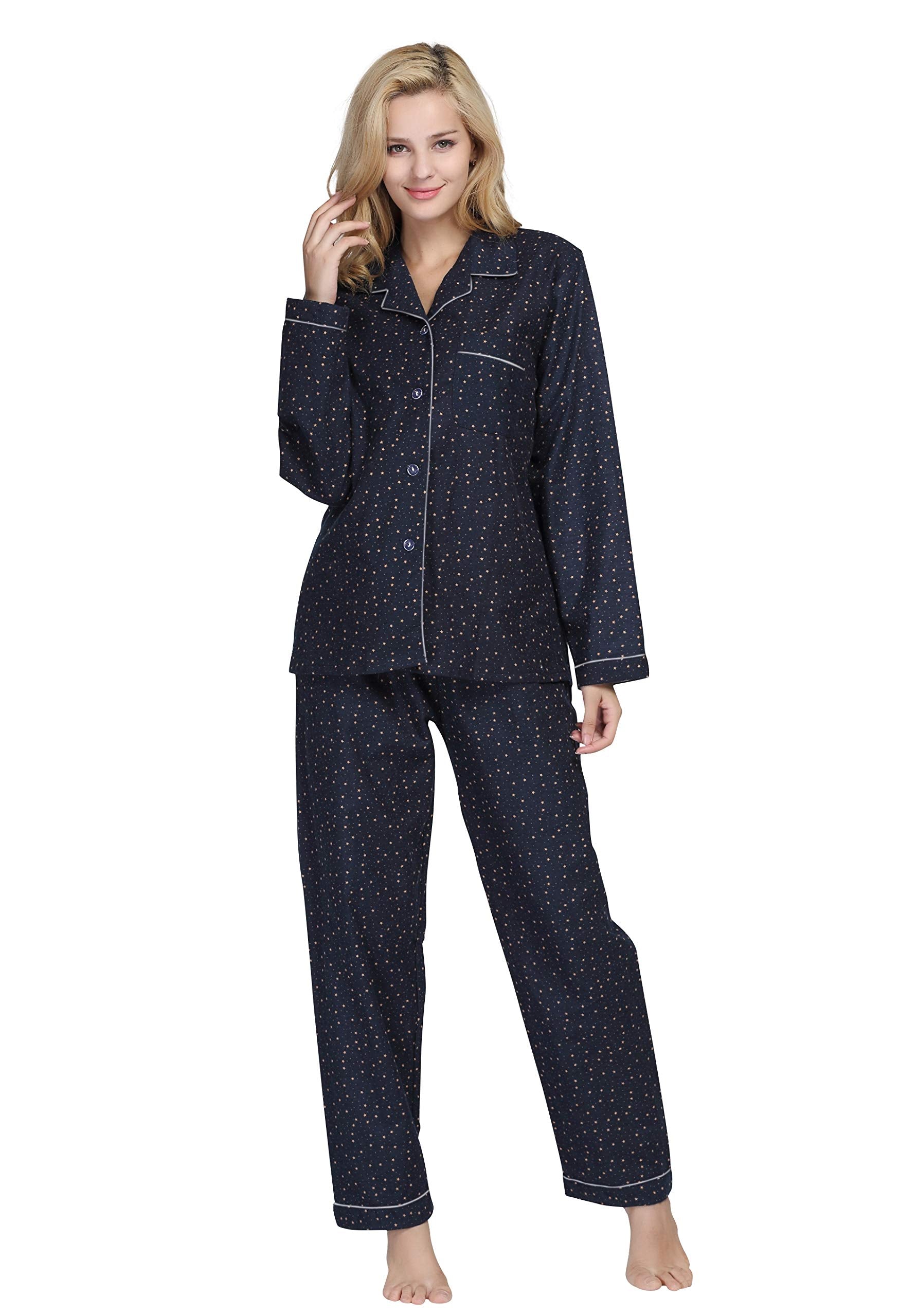 TONY AND CANDICE Women's 100% Cotton Long Sleeve Flannel Pajama Set Sleepwear (Small, Navy Stars with White Piping)