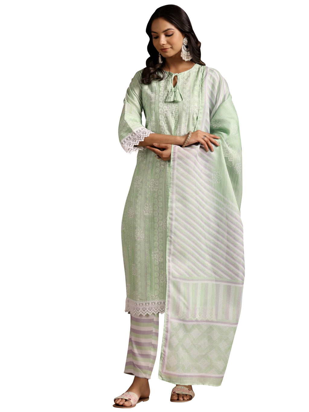 Libas Womens Embroidered Cotton Blend Straight Kurta With Palazzos And Dupatta