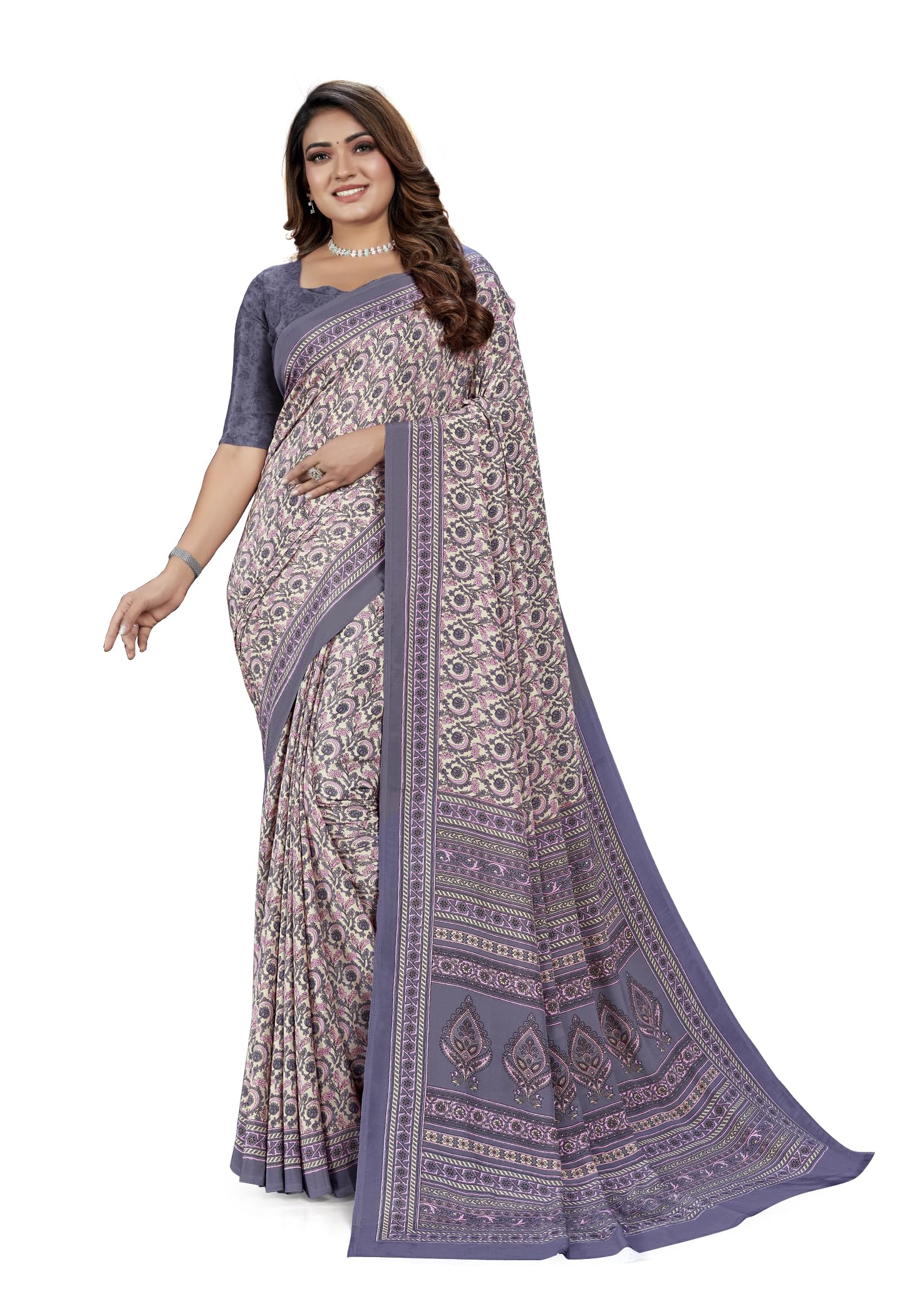 Vimla WomenS Multicolor Crepe Silk Uniform Saree With Blouse  Elegant Design For Various Professional Settings