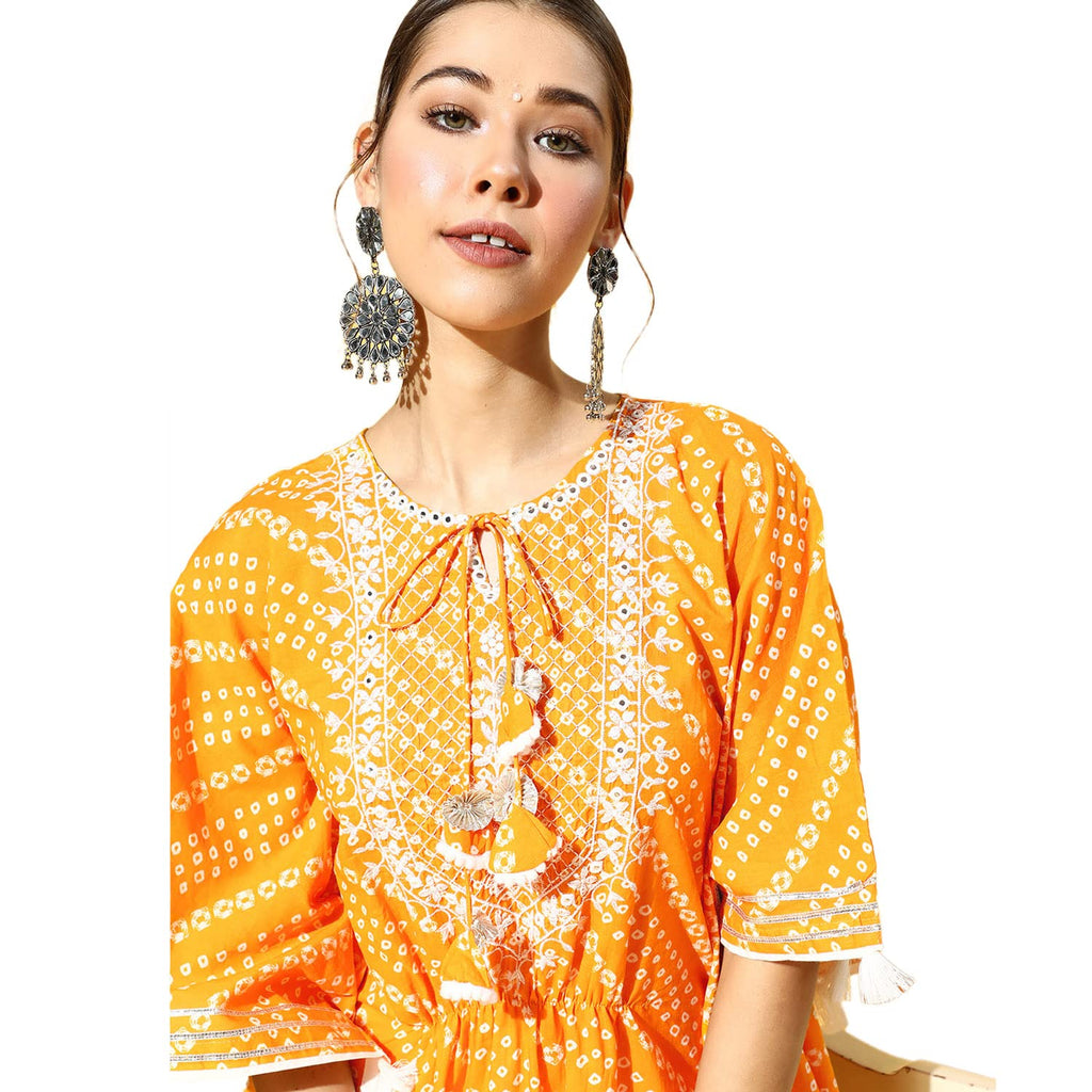 Ishin Women'S Pure Cotton Kaftan Embroidered Zari Bandhani Print Yellow Kurta Suit Set With Trouser