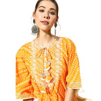 Ishin Women'S Pure Cotton Kaftan Embroidered Zari Bandhani Print Yellow Kurta Suit Set With Trouser