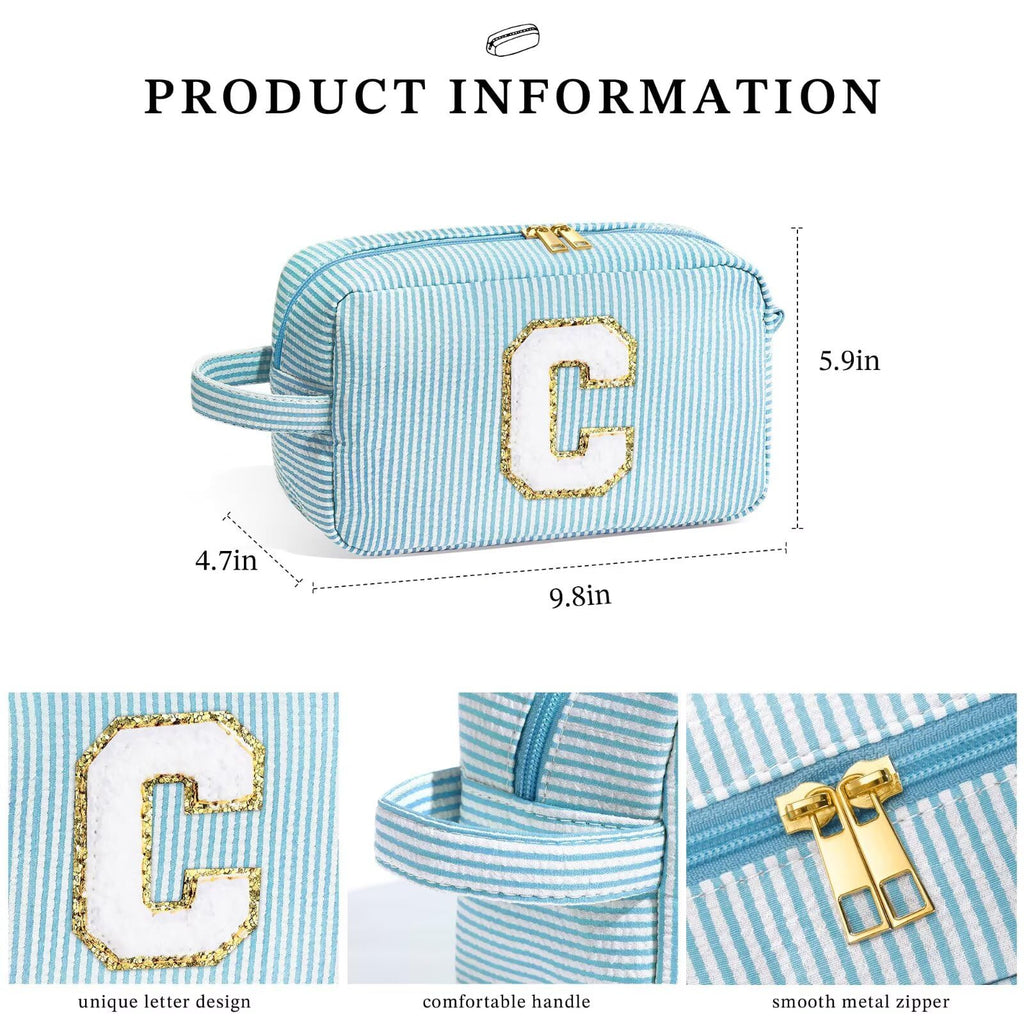 YOOLIFE Initial Makeup Bag - Personalized Monogram Cute Blue Makeup Bag Cosmetic Travel Toiletry Pouch Make Up Case for Women Mo