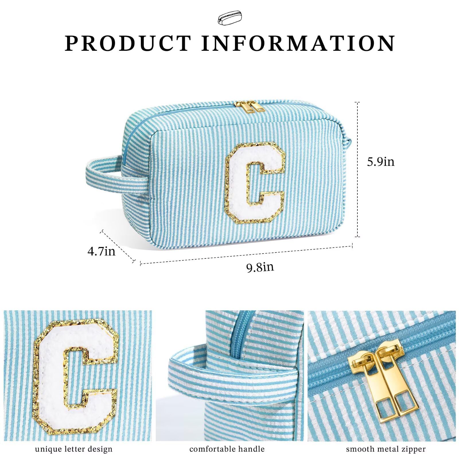YOOLIFE Initial Makeup Bag - Personalized Monogram Cute Blue Makeup Bag Cosmetic Travel Toiletry Pouch Make Up Case for Women Mo