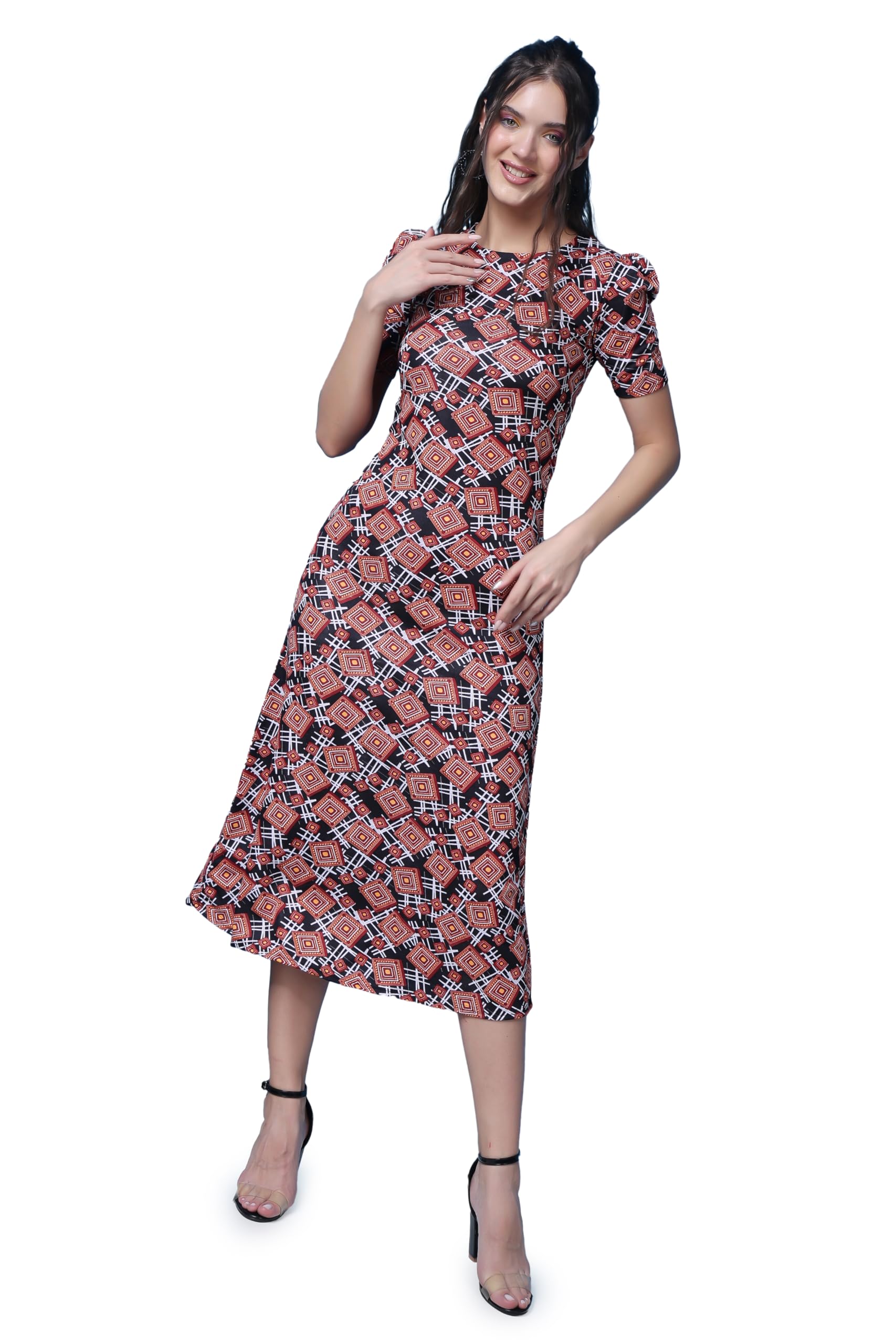 Popwings Casual Abstract Printed Midi Dress For Women | Half-Sleeves Long Dress For Women | Round-Neck Women Stylish Dress Black