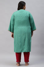W For Woman Pop Green Printed Festive Full Placket Plus Size Kurta