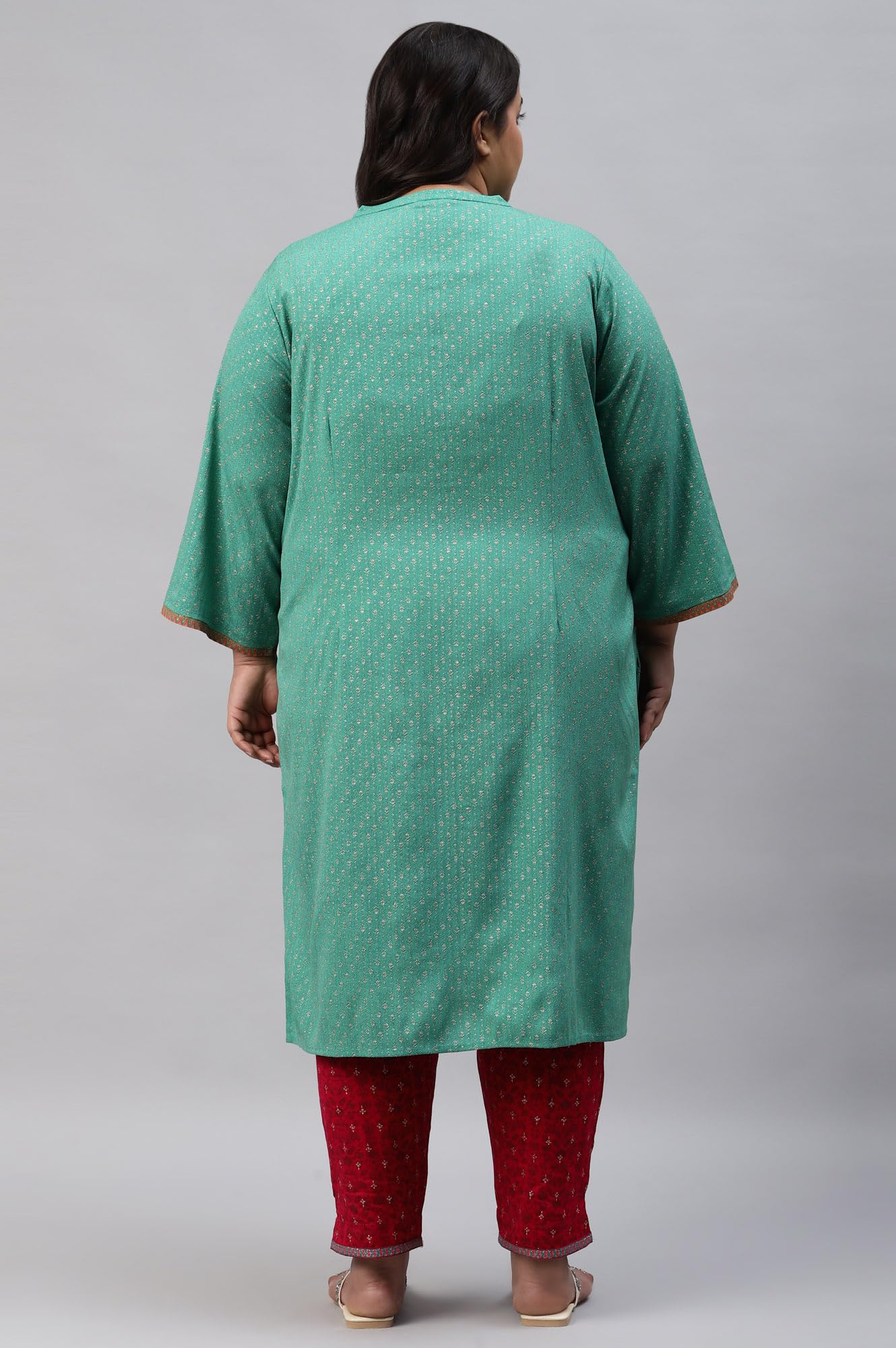 W For Woman Pop Green Printed Festive Full Placket Plus Size Kurta