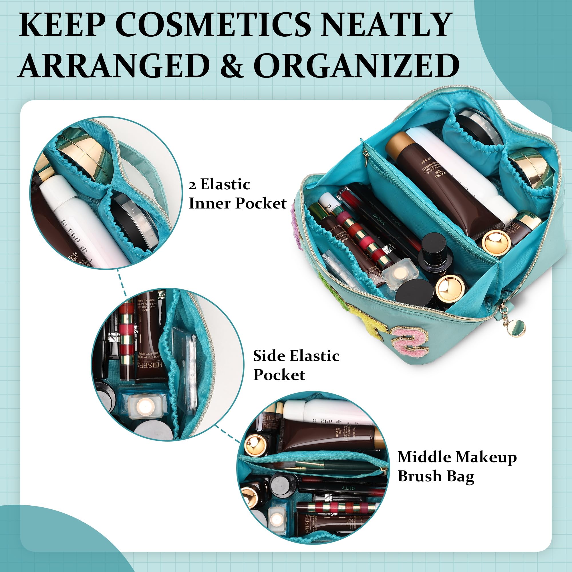 LONEDREAM Stoney Clover Preppy Makeup Bag, Large Capacity Travel Cosmetic Bag, Chenille Letter Open Flat Nylon Bag, Mint