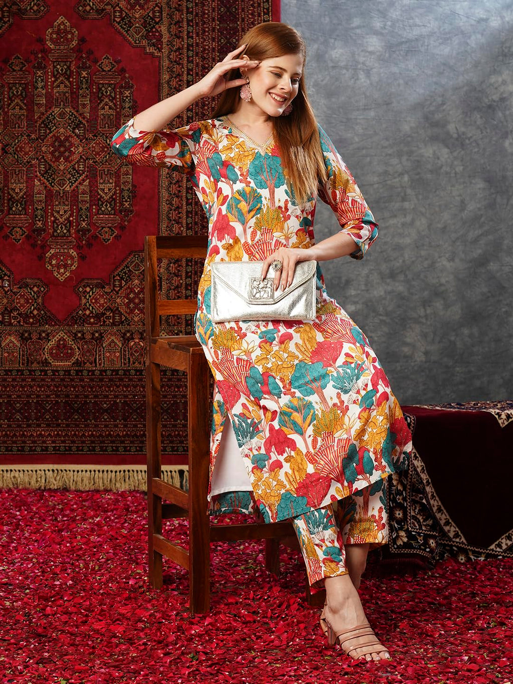 ANNI DESIGNER Women s Rayon Blend Kurta with Pants, white, XL