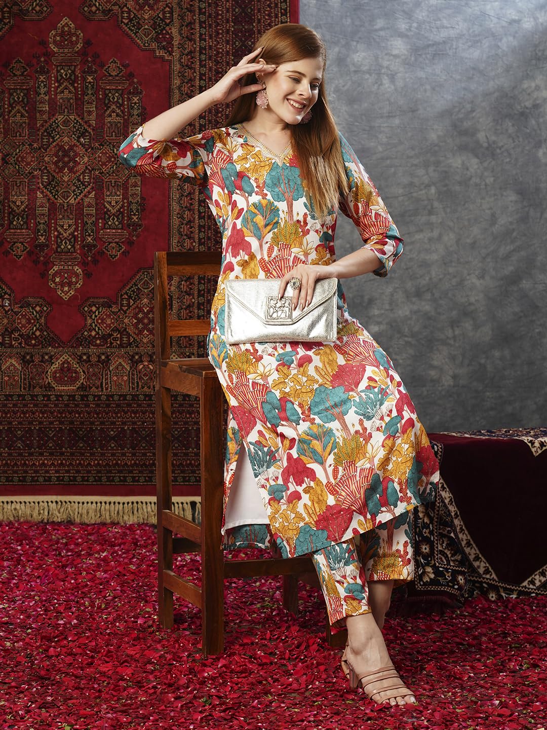 ANNI DESIGNER Women s Rayon Blend Kurta with Pants, white, XL
