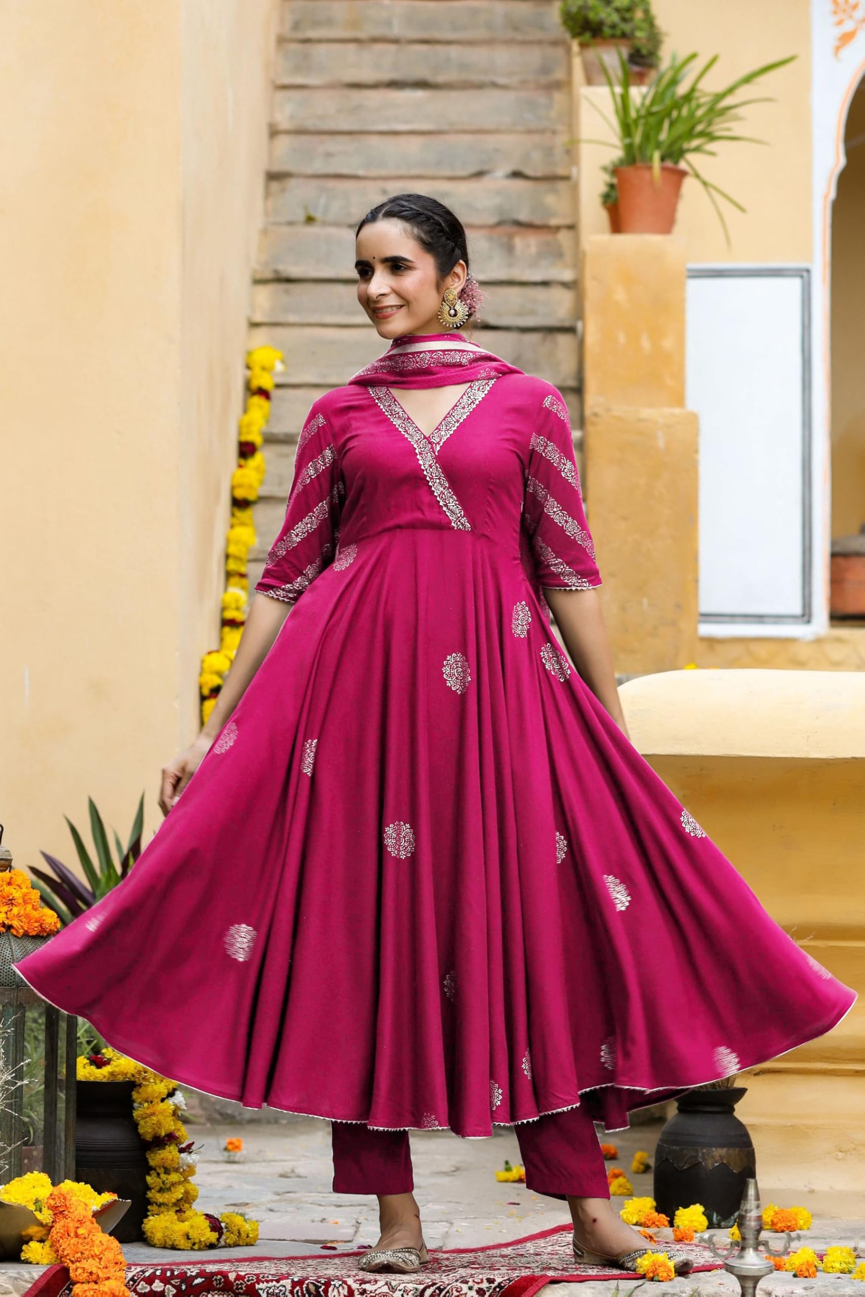 ANNI DESIGNER Anarkali Women s Rayon Blend Kurta with Trousers and Dupatta, Pink, XL