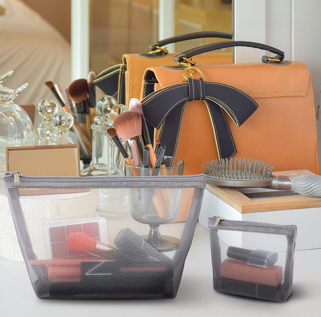 Boao 3 Pieces Mesh Cosmetic Bag Mesh Makeup Bags Mesh Zipper Pouch for Offices Travel Accessories, 3 Sizes (Grey)