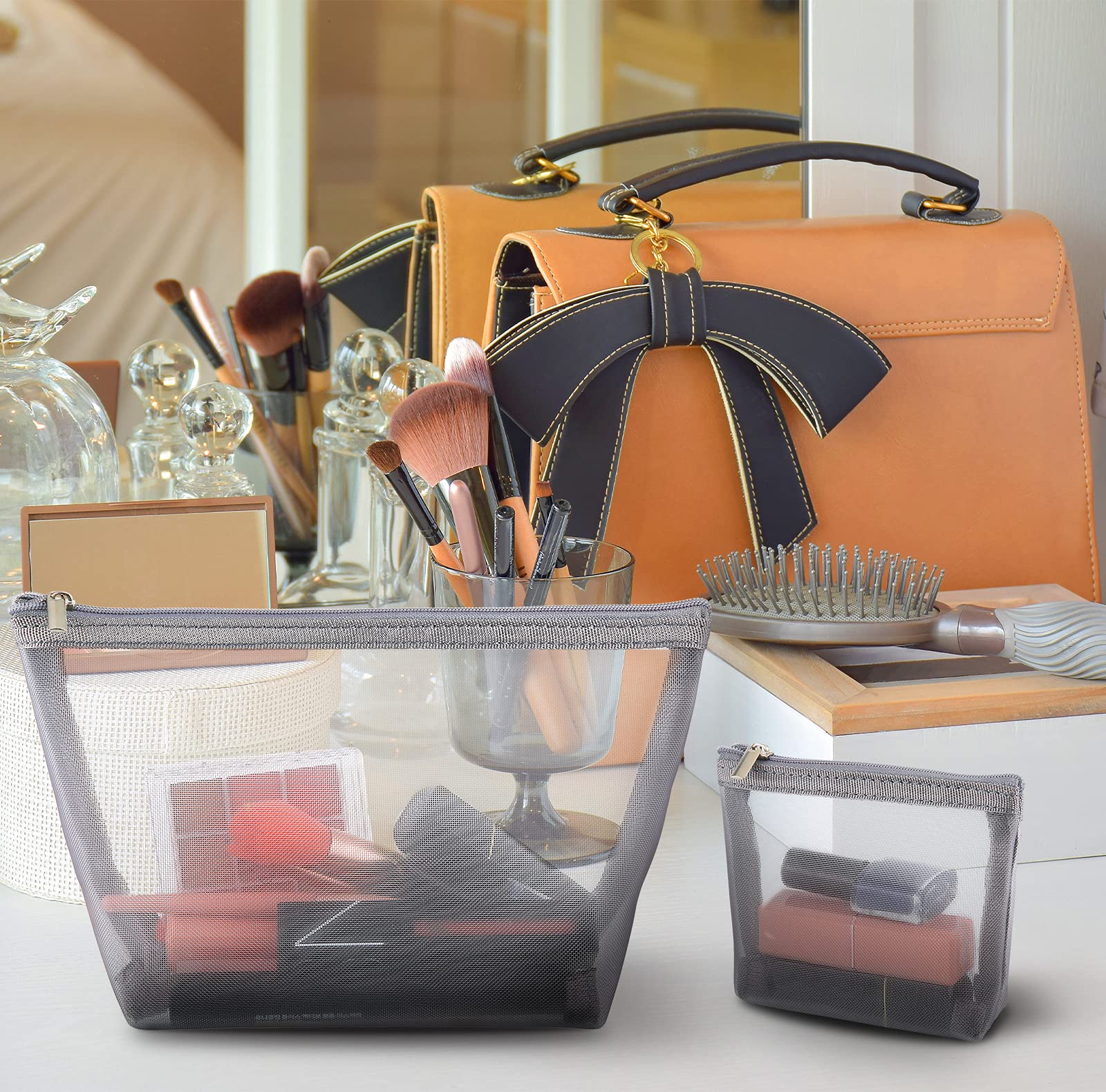 Boao 3 Pieces Mesh Cosmetic Bag Mesh Makeup Bags Mesh Zipper Pouch for Offices Travel Accessories, 3 Sizes (Grey)