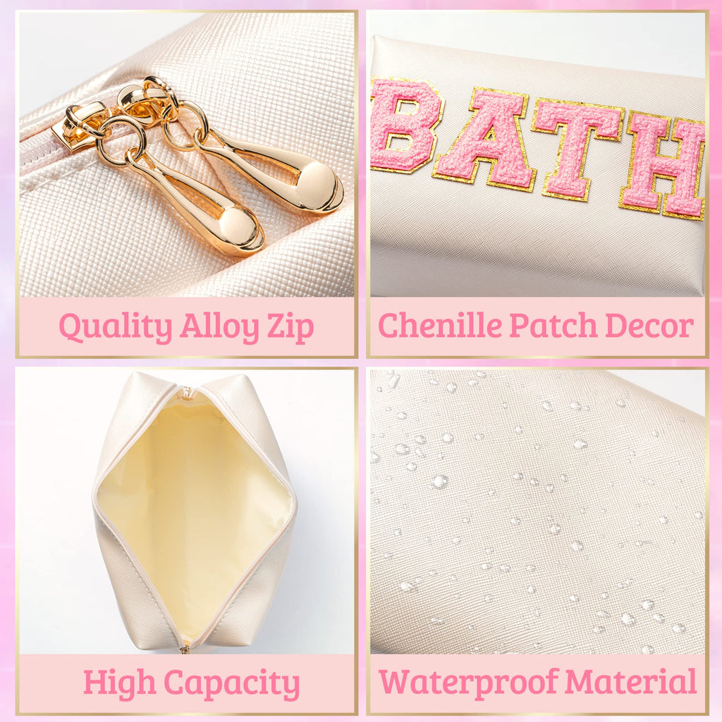 Y1tvei Preppy Patch BATH Letter Cosmetic Toiletry Bag PU Leather Portable Makeup Bag Sewn with Felt Varsity Letter Patches Water