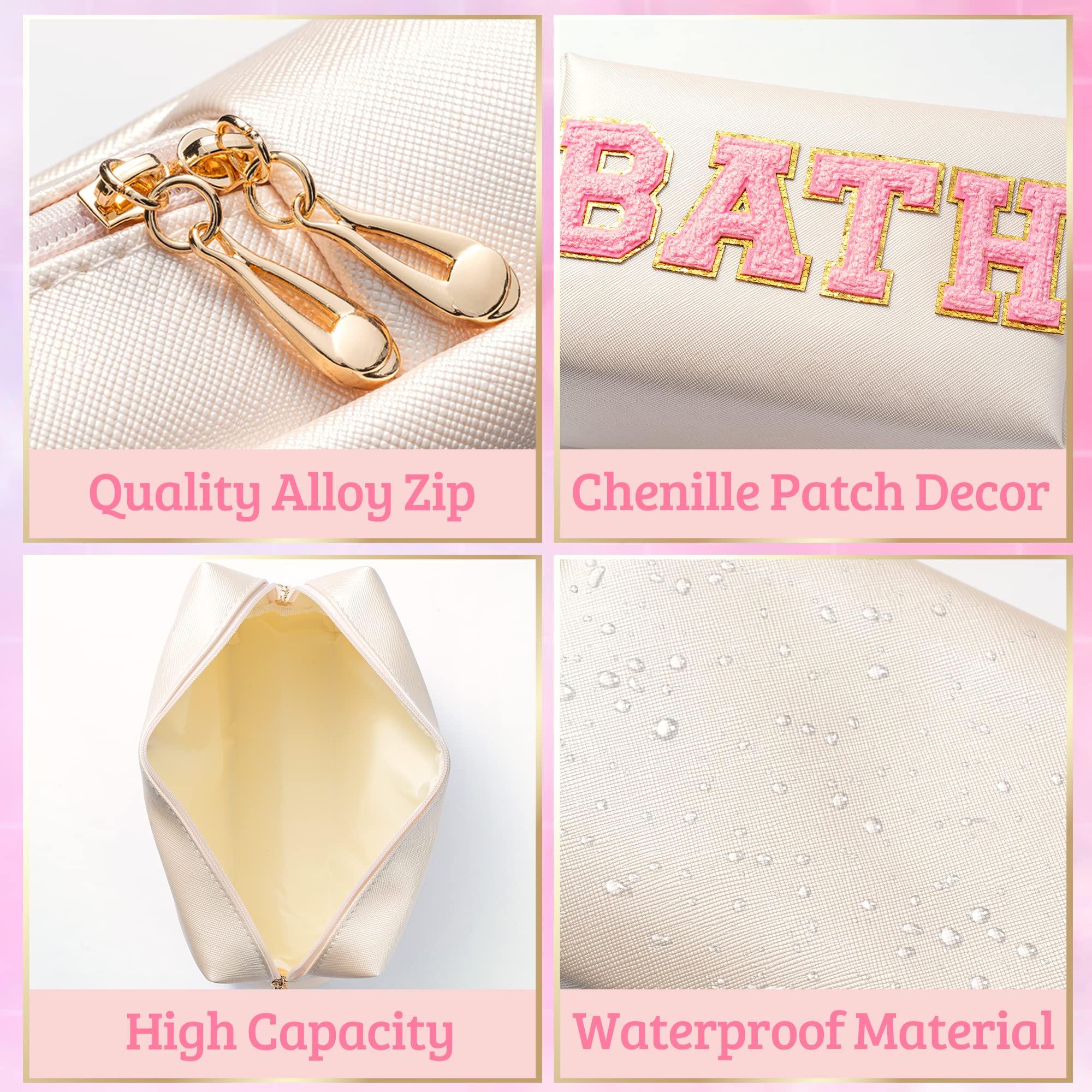 Y1tvei Preppy Patch BATH Letter Cosmetic Toiletry Bag PU Leather Portable Makeup Bag Sewn with Felt Varsity Letter Patches Water