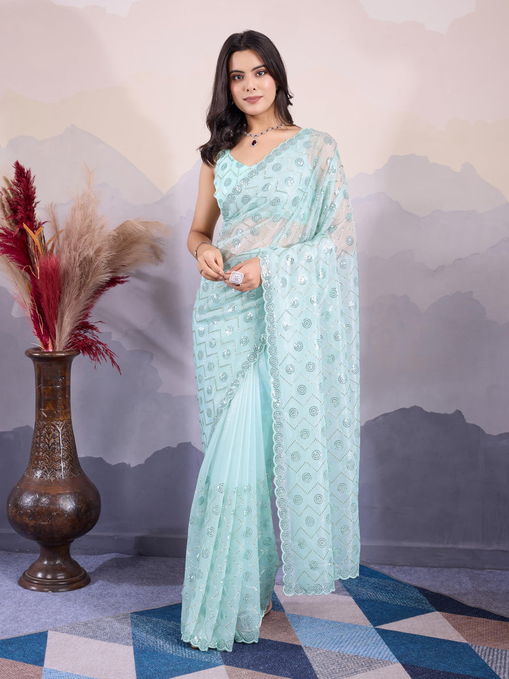 EKASYA Women Soft Twill Net Sky Blue Geometric Pattern Embroidery Work Saree With Unstitched Blouse
