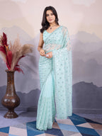 EKASYA Women Soft Twill Net Sky Blue Geometric Pattern Embroidery Work Saree With Unstitched Blouse