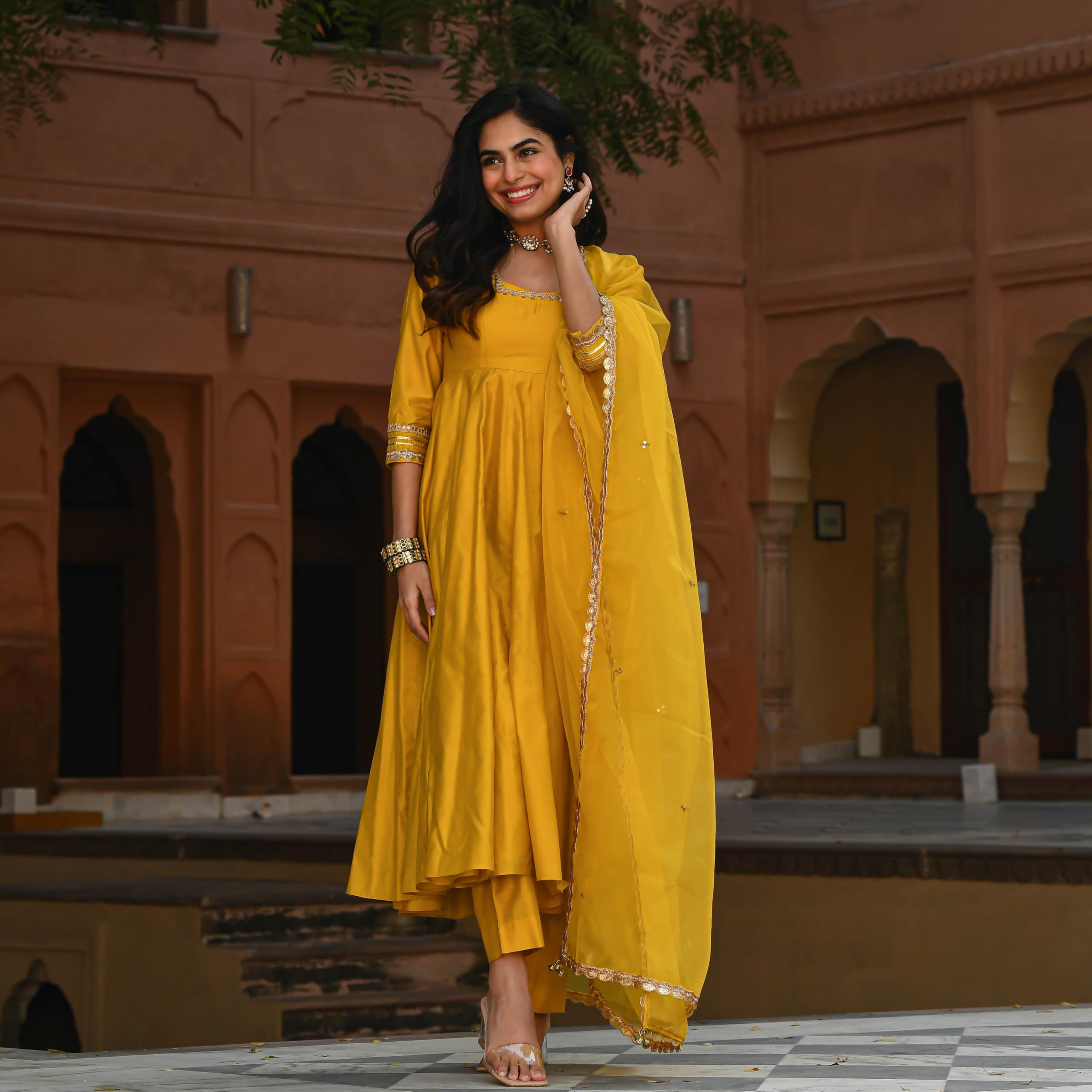 ANNI DESIGNER Womens Rayon Blend Anarkali Solid Kurta with Pant & Dupatta (SITAPATI Yellow_XXL_Yellow_XX-Large)