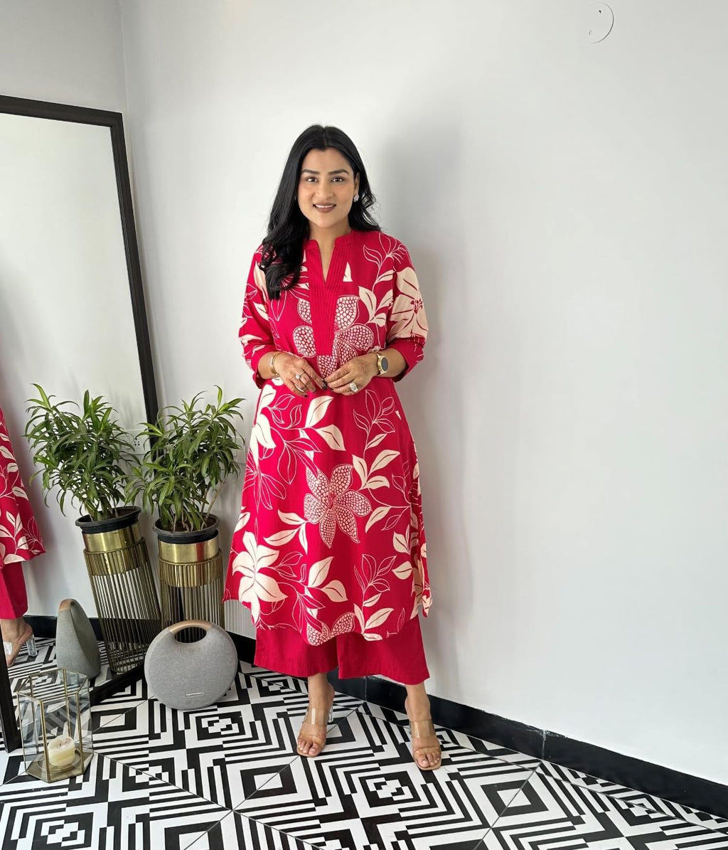 Lookmark WomenS Floral Printed Cotton Blend 3/4Th Sleeve Knee Length V-Neck Kurta And Palazzo Set For Women (Az-Lm-Og-Ks2204 Pi