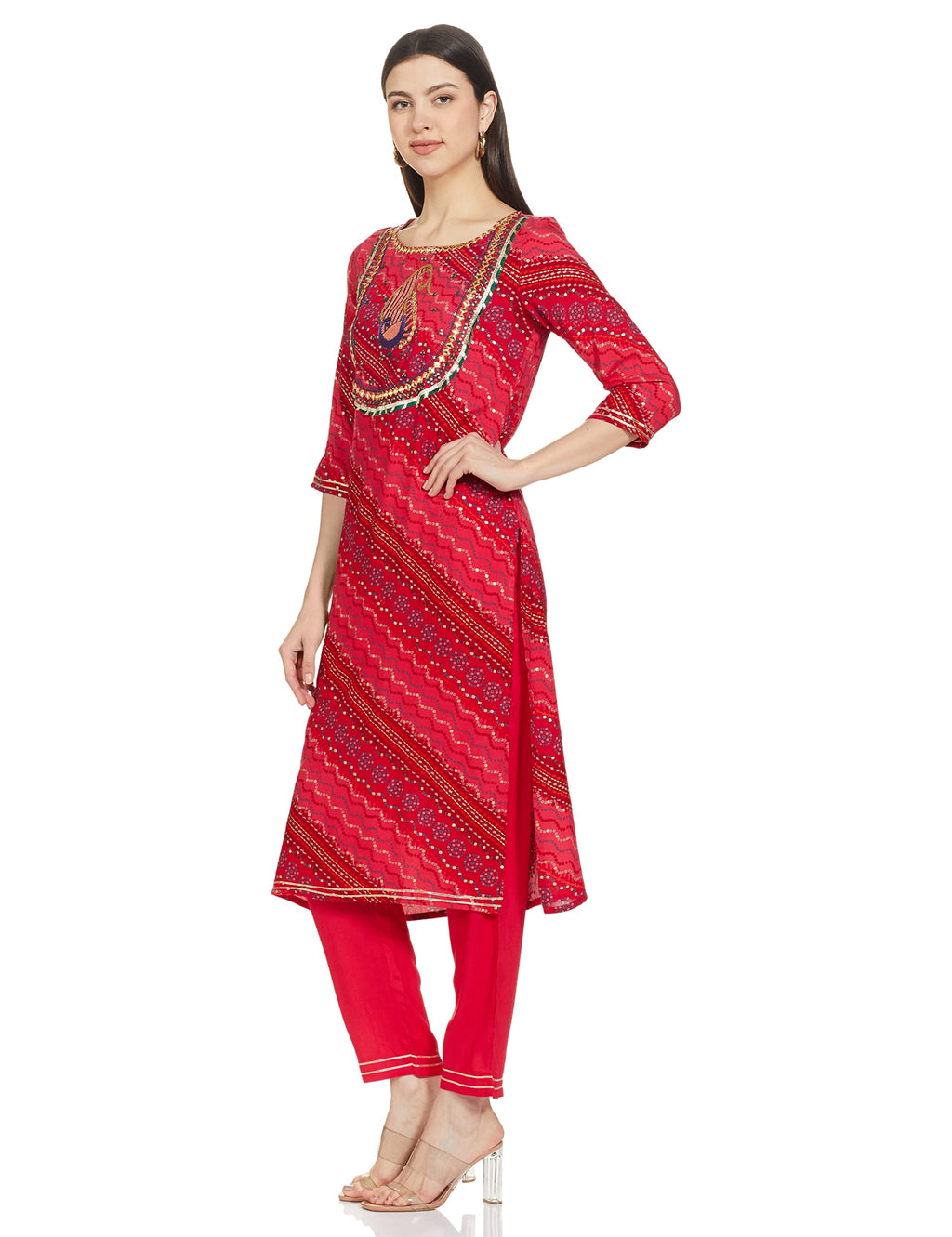 Anubhutee Women'S Rayon Pink Bandhani Embroidered Straight Kurta Suit Set With Pants