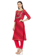 Anubhutee Women'S Rayon Pink Bandhani Embroidered Straight Kurta Suit Set With Pants