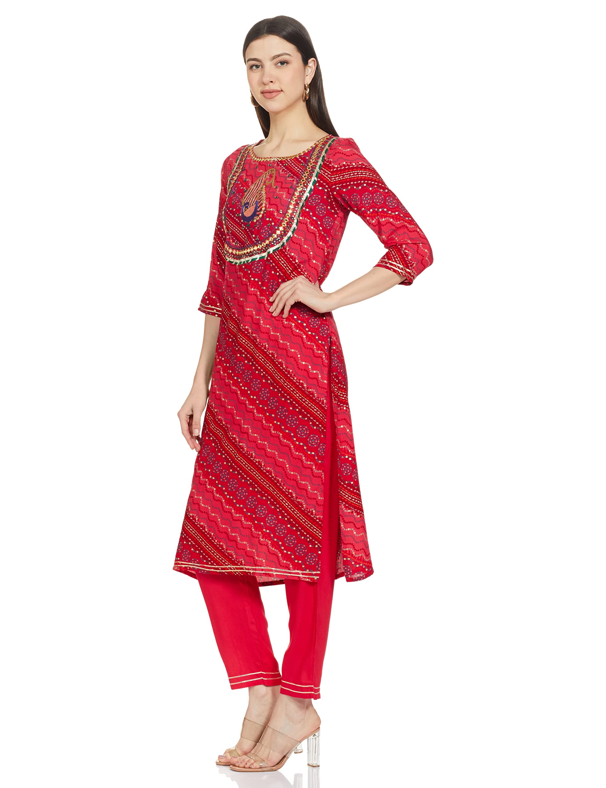 Anubhutee Women'S Rayon Pink Bandhani Embroidered Straight Kurta Suit Set With Pants