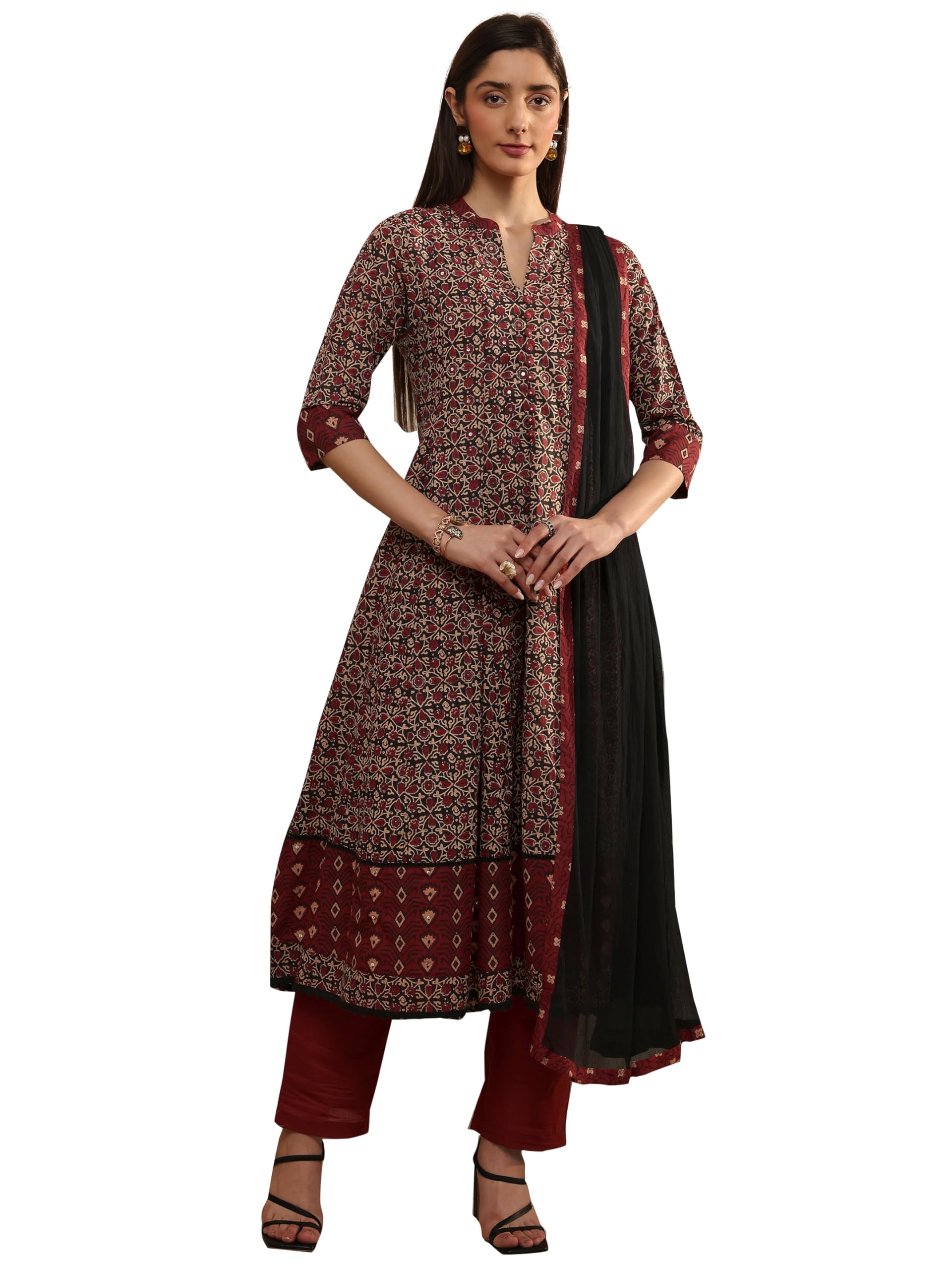 Libas Embroidered Cotton A-Line Kurta With Trousers and Dupatta-93267S