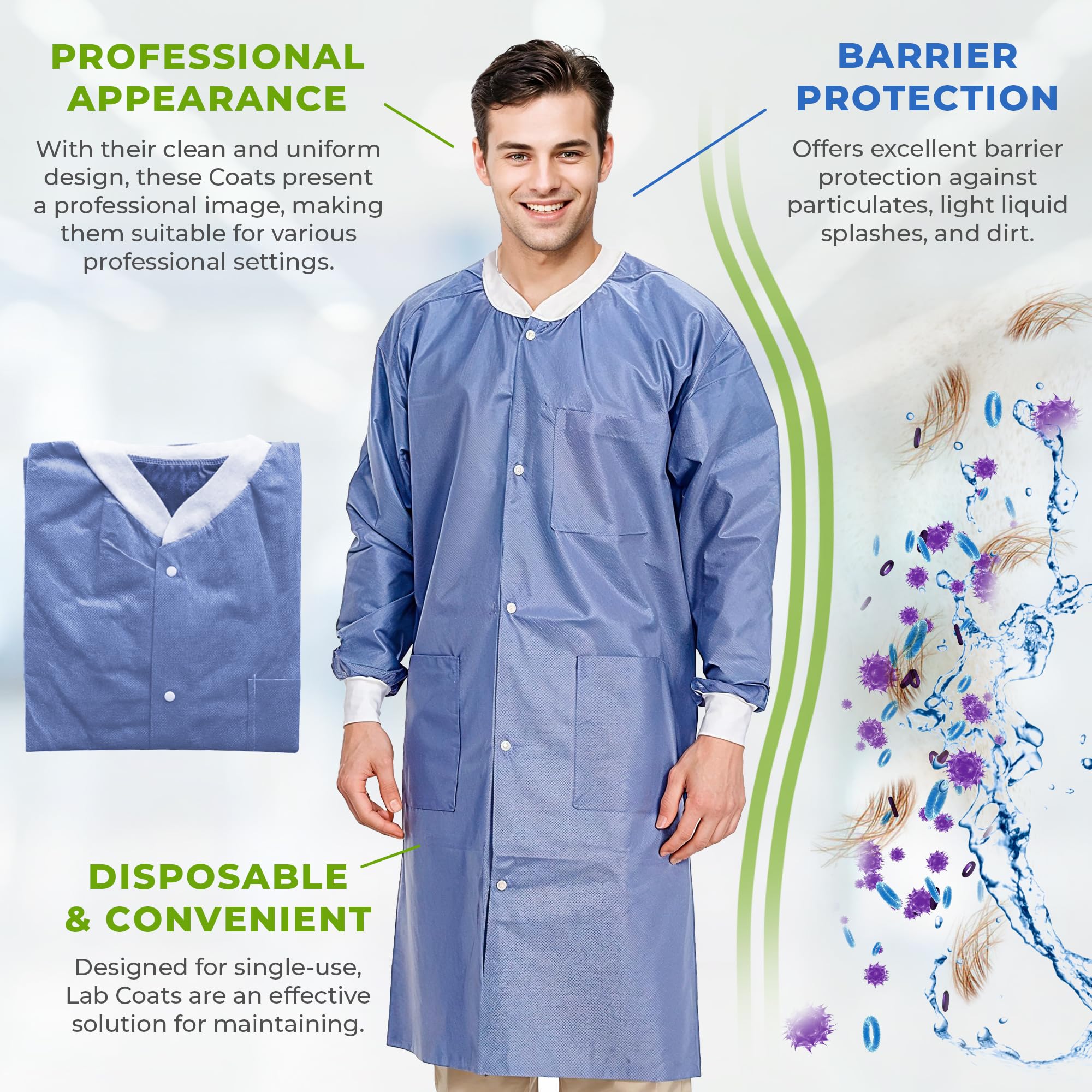 AMZ Medical Supply Disposable Lab coat XX-Large, Pack of 50 Blueberry Disposable Lab coats for Adults, 45 gsm SMS Painting Lab c