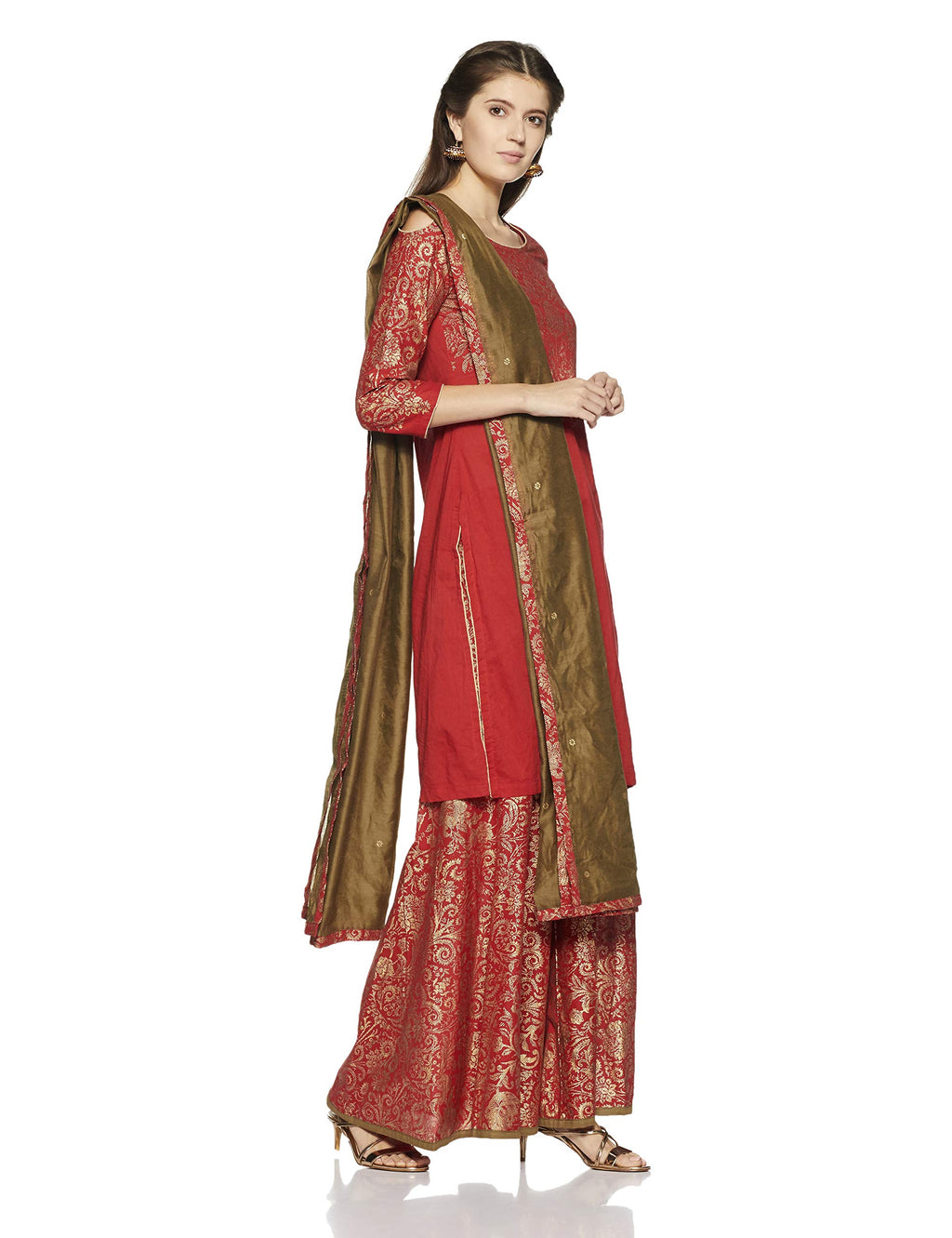 Biba Crepe Women Printed Flared Salwar Kurta Dupatta (Skd5723_Red_38)