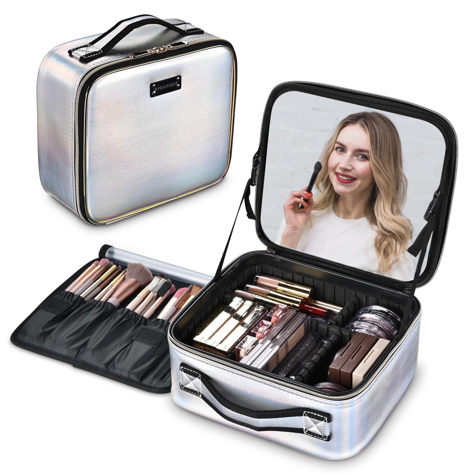 BYOOTIQUE Makeup Bag Travel Makeup Case 10 Cosmetic Storage Case Portable Makeup Artist Storage Box with Mirror & Adjustable Div