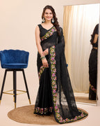 Ekasya Women Soft Organza Black Embroidery Saree