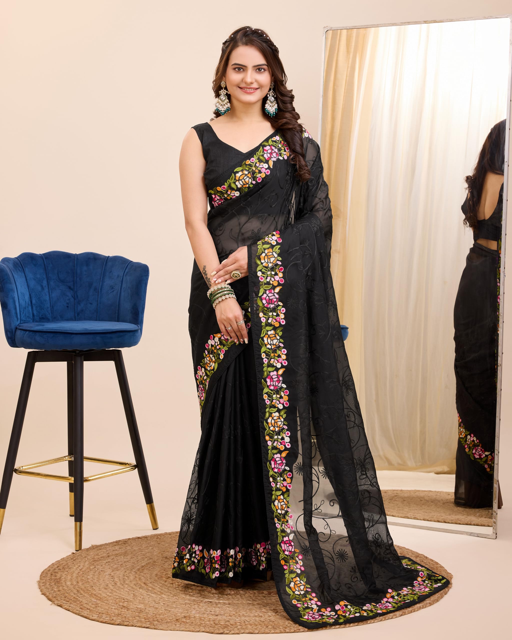 Ekasya Women Soft Organza Black Embroidery Saree