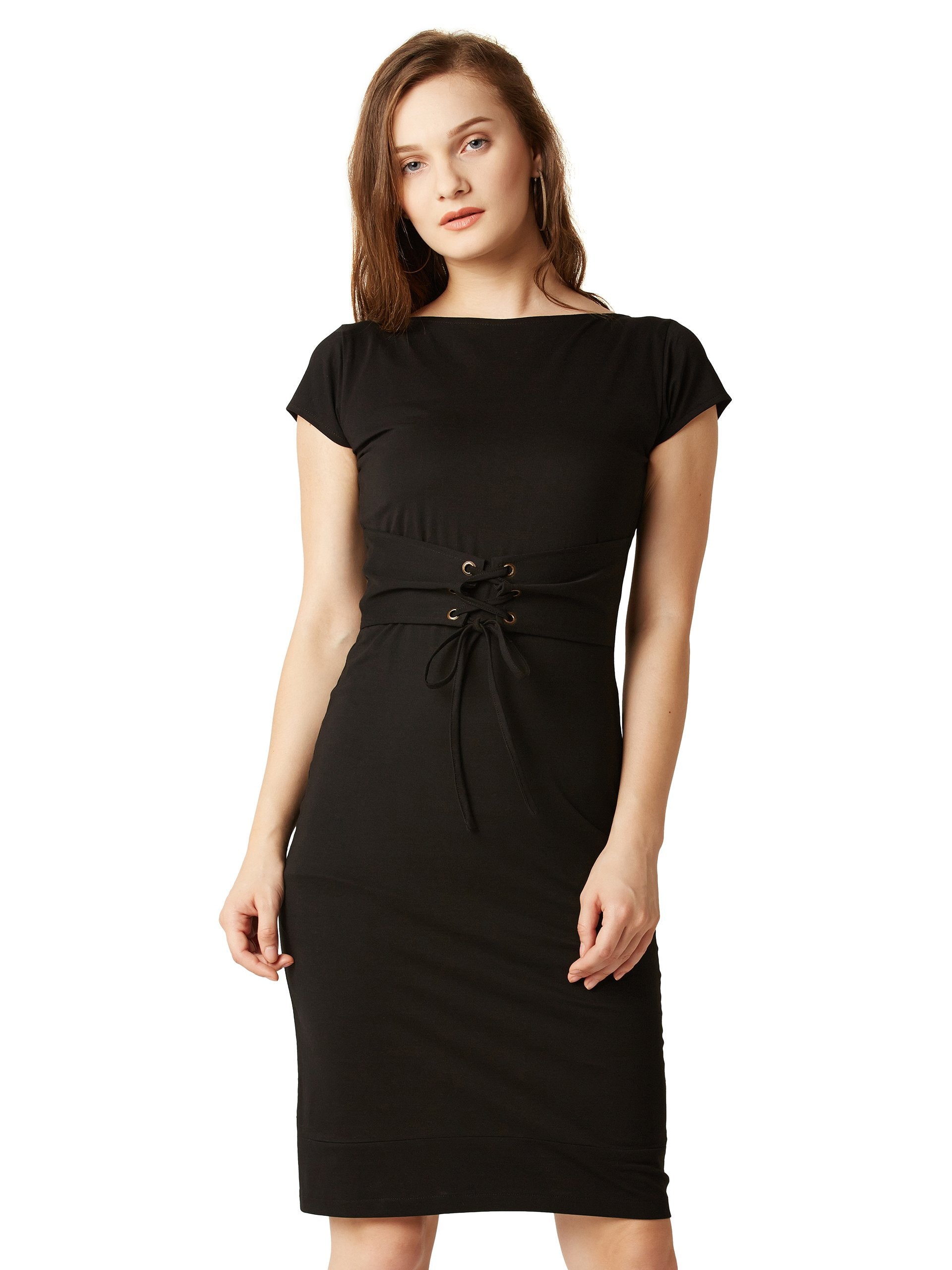 Miss Chase WomenS Boat Neck Cap Sleeves Belt Tie-Up Mini Shift Dress (Plus Size) (Mcaw17D09-59-62-07, Black, 2Xl)