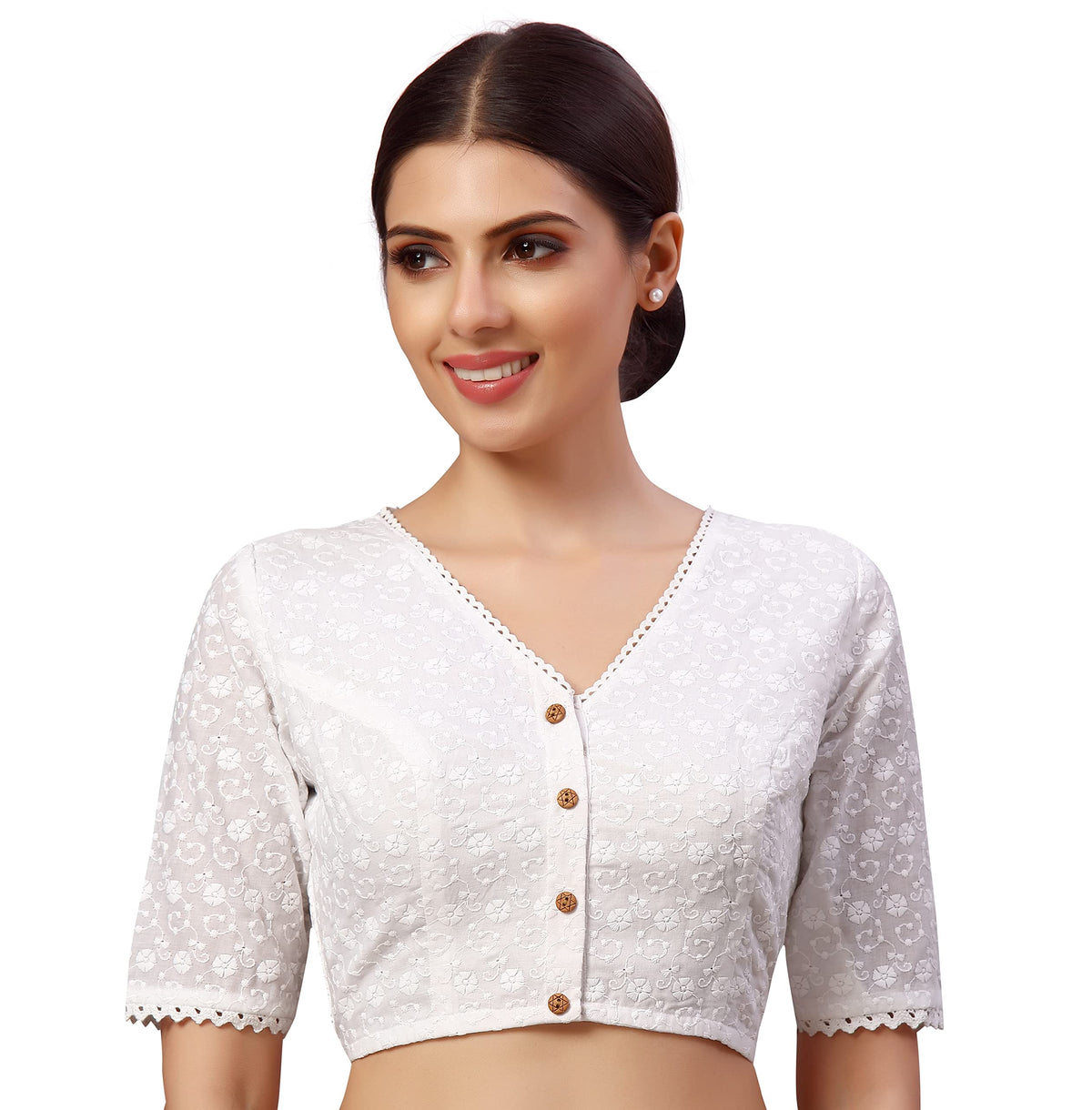 Studio Shringaar WomenS Readymade Natural Cotton Elbow Length Sleeves Chikankari Saree Blouse (White, 48) 48