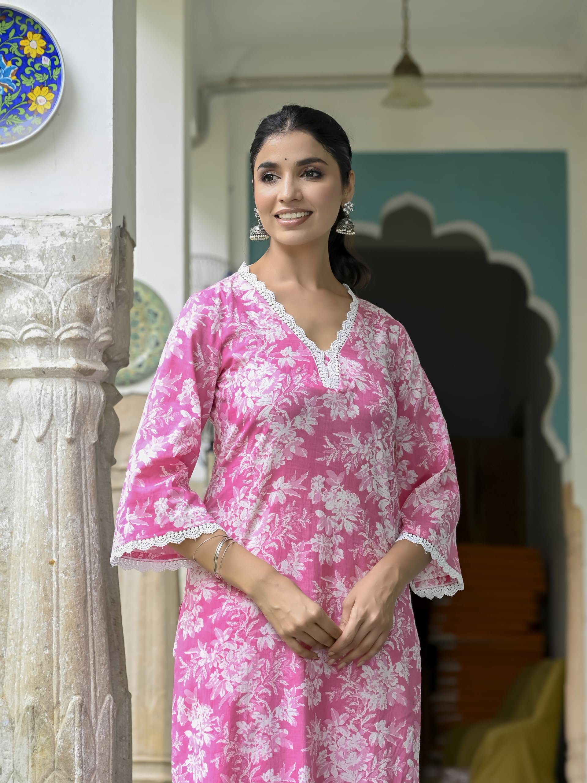 ANNI DESIGNER Women s Printed Rayon Kurta with Pants, Pink, 2XL