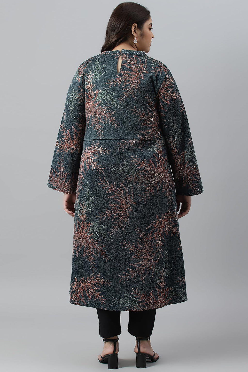 W For Woman Dark Blue Light Festive Jacquard Plus Size Winter Kurta