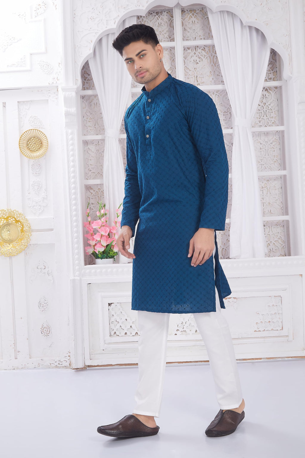 Divisive MenS Thread Embroidered Cotton Only Slim Fit Kurta (Dkrt637_Xxxl_Turquoise)