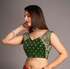 Pujia Mills WomenS Sequin Embroidered V Neck Sleeveless Green Readymade Saree Blouse Indian Ethnic Stitched Padded Blouses For
