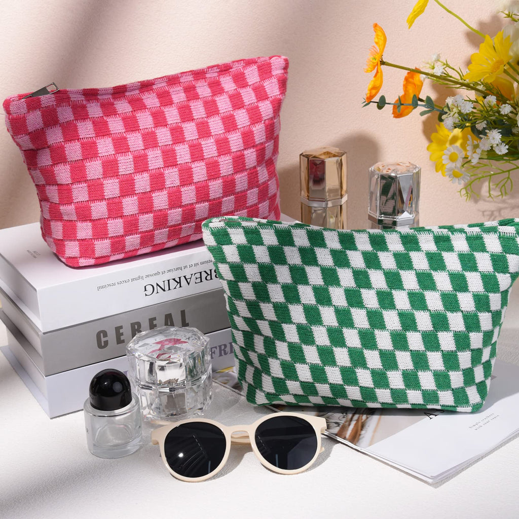 SOIDRAM 2 Pieces Makeup Bag Large Checkered Cosmetic Bag Capacity Canvas Travel Toiletry Bag Organizer Cute Makeup Brushes Aesth