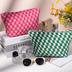 SOIDRAM 2 Pieces Makeup Bag Large Checkered Cosmetic Bag Capacity Canvas Travel Toiletry Bag Organizer Cute Makeup Brushes Aesth