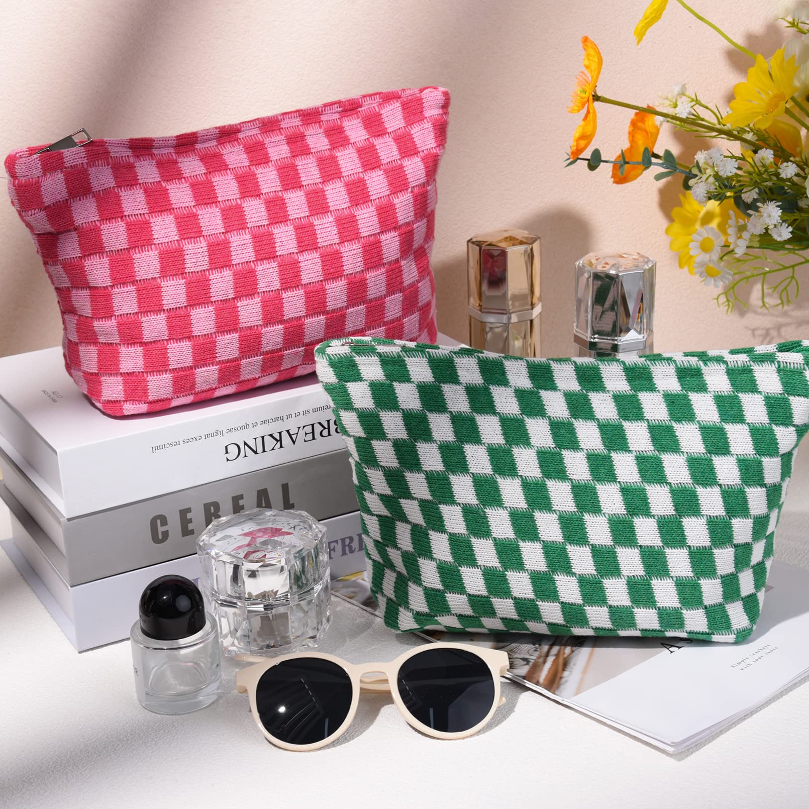 SOIDRAM 2 Pieces Makeup Bag Large Checkered Cosmetic Bag Capacity Canvas Travel Toiletry Bag Organizer Cute Makeup Brushes Aesth