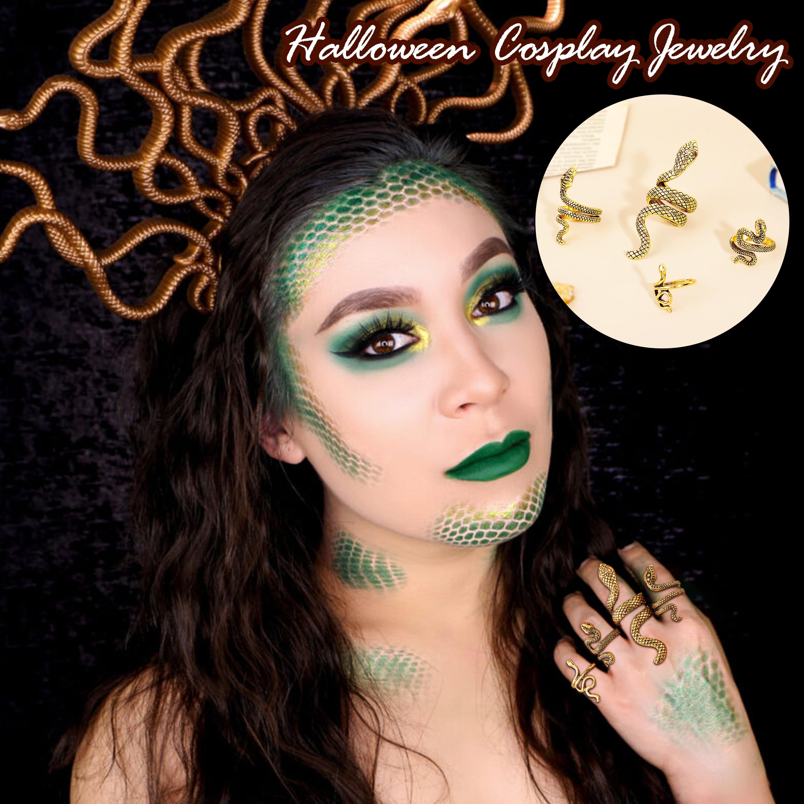 Frodete Snake Stackable Rings for Women Snake Jewelry Set Adjustable Vintage Reptile Serpent Rings Punk Goth Knuckle Rings Hallo