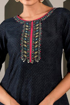 W For Woman Dark Blue Synthetic Polka Dot Regular Kurta With Glitter