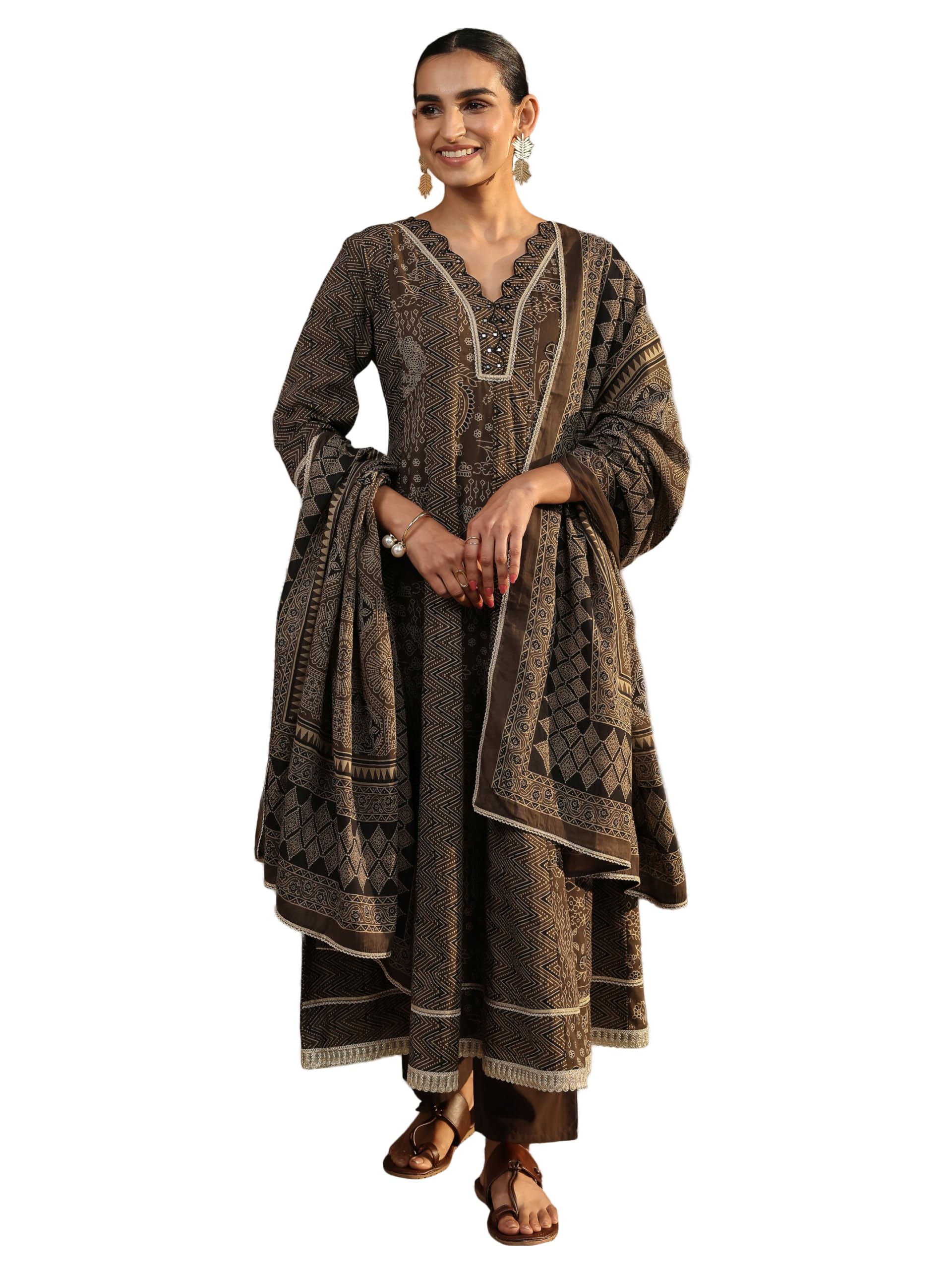 Libas Printed Cotton A-Line Kurta With Trousers And Dupatta