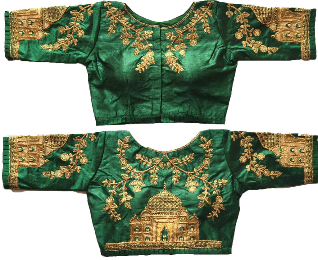 Pujia Mills WomenS Multicolor Heavy Hand Embroidery Taj Mahal Design Work Khatli Work Phantom Silk Readymade Saree Half Sleeve 